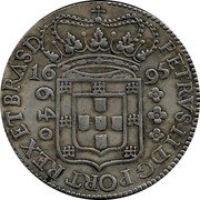 Brazil 640 Reis Peter II 1695 KM# 83.2 PETRVS II D G PORT REX ET BRAS D 16 95 640 coin obverse