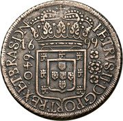 Brazil 640 Reis Peter II 1699 KM# 90.1 PETRVS II DG PORT REX ET BRAS D 16 99 640 coin obverse