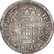 Brazil 640 Reis Pedro 1701 P KM# 90.3 PETRVS II DG PORT REX E BD coin obverse Brazil 640 Reis Pedro 1701 P KM# 90.3 PETRVS II DG PORT REX E BD coin obverse