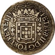 Brazil 640 Reis Peter II 1701 P KM# 90.2 PETRVS II D G PORT REX ET BRAS D 17 00 640 coin obverse Brazil 640 Reis Peter II 1701 P KM# 90.2 PETRVS II D G PORT REX ET BRAS D 17 00 640 coin obverse