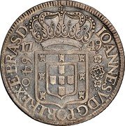 Brazil 640 Reis Joao V 1749 R KM# 158.2 IOANNES. V. D. G. PORT. REX. ET. BRAS. D 17 50 640 coin obverse Brazil 640 Reis Joao V 1749 R KM# 158.2 IOANNES. V. D. G. PORT. REX. ET. BRAS. D 17 50 640 coin obverse