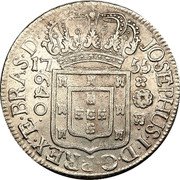 Brazil 640 Reis Jose I 1755 Without R KM# 170.1 JOSEPHUS. I. D. G. PORT. REX. ET. BRAS. D 640 17 55 coin obverse Brazil 640 Reis Jose I 1755 Without R KM# 170.1 JOSEPHUS. I. D. G. PORT. REX. ET. BRAS. D 640 17 55 coin obverse