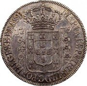 Brazil 640 Reis Maria I and Pedro III 1779 KM# 207.1 MARIA I ET PETRUS III D G PORT REGES BRAS D 17 83 640 coin obverse Brazil 640 Reis Maria I and Pedro III 1779 KM# 207.1 MARIA I ET PETRUS III D G PORT REGES BRAS D 17 83 640 coin obverse