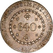 Brazil 640 Reis Pedro I 1827 R KM# 367 PETRUS.I.D.G.CONST.IMP.ET.PERP.BRAS.DEF 640 1827.R coin obverse Brazil 640 Reis Pedro I 1827 R KM# 367 PETRUS.I.D.G.CONST.IMP.ET.PERP.BRAS.DEF 640 1827.R coin obverse