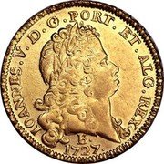 Brazil 6400 Reis Joao V 1727 B Herit. Signature 3016, AU - $110,000. KM# 134 IOANNES V D G PORT ET ALG REX 1727 B coin obverse Brazil 6400 Reis Joao V 1727 B Herit. Signature 3016, AU - $110,000. KM# 134 IOANNES V D G PORT ET ALG REX 1727 B coin obverse