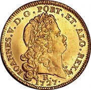 Brazil 6400 Reis Joao V 1727 R Herit. Signature 3016, AU - $125,000. KM# 136 IOANNES V D G PORT ET ALG REX 1728 R coin obverse Brazil 6400 Reis Joao V 1727 R Herit. Signature 3016, AU - $125,000. KM# 136 IOANNES V D G PORT ET ALG REX 1728 R coin obverse