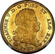 Brazil 6400 Reis Joao V 1732 B KM# 146 IOANNES. V. D. G. PORT. ET. ALG. REX. B 1732 coin obverse Brazil 6400 Reis Joao V 1732 B KM# 146 IOANNES. V. D. G. PORT. ET. ALG. REX. B 1732 coin obverse