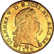 Brazil 6400 Reis Joao V 1734 M KM# 135 IOANNES. V. D. G. PORT. ET. ALG. REX. 1733 M coin obverse Brazil 6400 Reis Joao V 1734 M KM# 135 IOANNES. V. D. G. PORT. ET. ALG. REX. 1733 M coin obverse