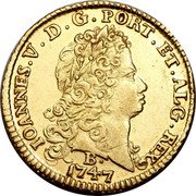 Brazil 6400 Reis Joao V 1747 B KM# 151 IOANNES V D G PORT ET ALG REX 1744 B coin obverse Brazil 6400 Reis Joao V 1747 B KM# 151 IOANNES V D G PORT ET ALG REX 1744 B coin obverse