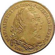 Brazil 6400 Reis Maria I and Pedro III 1785 R KM# 199.2 MARIA I ET PETRUS III D G PORT ET ALG REGES 1777 R coin obverse Brazil 6400 Reis Maria I and Pedro III 1785 R KM# 199.2 MARIA I ET PETRUS III D G PORT ET ALG REGES 1777 R coin obverse