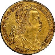 Brazil 6400 Reis Joao 1816 R KM# 236.2 JOANNES D G PORT BRAS ET ALG P REG 1816 R coin obverse Brazil 6400 Reis Joao 1816 R KM# 236.2 JOANNES D G PORT BRAS ET ALG P REG 1816 R coin obverse