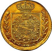 Brazil 6400 Reis Pedro I Coronation 1822 Spink London No. 52, 6-86 near XF - $87,000; Spink Am. Norweb 3-97 choice VF - $82,500; Am.Num.Rar. Eliasberg , 4-05, VF - $69,000 KM# 361 IN HOC SIG VIN coin reverse Brazil 6400 Reis Pedro I Coronation 1822 Spink London No. 52, 6-86 near XF - $87,000; Spink Am. Norweb 3-97 choice VF - $82,500; Am.Num.Rar. Eliasberg , 4-05, VF - $69,000 KM# 361 IN HOC SIG VIN coin reverse