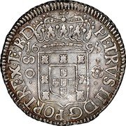 Brazil 80 Reis Peter II 1695 KM# 78 PETRVS II DG PORT REX E B D 1695 80 coin obverse Brazil 80 Reis Peter II 1695 KM# 78 PETRVS II DG PORT REX E B D 1695 80 coin obverse