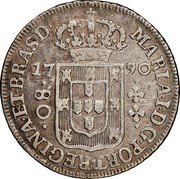Brazil 80 Reis Maria I 1790 KM# 219.1 MARIA I D G PORT REGINA ET BRAS D 17 87 80 coin obverse Brazil 80 Reis Maria I 1790 KM# 219.1 MARIA I D G PORT REGINA ET BRAS D 17 87 80 coin obverse