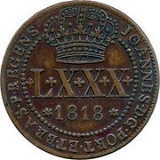 Brazil 80 Reis Joao Prince Regent 1818 B KM# 321.1 JOANNES D G PORT ET BRAS P REGENS LXXX 1818 coin obverse Brazil 80 Reis Joao Prince Regent 1818 B KM# 321.1 JOANNES D G PORT ET BRAS P REGENS LXXX 1818 coin obverse