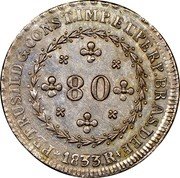 Brazil 80 Reis Pedro II 1833 R KM# 388 PETRUS II D.G.CONST.IMP.ET.PERP.BRAS.DEF 80 1833R coin obverse Brazil 80 Reis Pedro II 1833 R KM# 388 PETRUS II D.G.CONST.IMP.ET.PERP.BRAS.DEF 80 1833R coin obverse