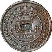 Brazil 80 Reis Maria I Countermarked Coin ND (1809) Host Date 1790 KM# 290.1 MARIA.I.D.G.P.ET.BRASILIÆ.REGINA XL 1790 coin obverse Brazil 80 Reis Maria I Countermarked Coin ND (1809) Host Date 1790 KM# 290.1 MARIA.I.D.G.P.ET.BRASILIÆ.REGINA XL 1790 coin obverse
