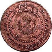 Brazil 80 Reis Counterstamped Coin ND KM# 354 MARIA I D G P ET BRASILIAE REGINA 80 coin obverse Brazil 80 Reis Counterstamped Coin ND KM# 354 MARIA I D G P ET BRASILIAE REGINA 80 coin obverse