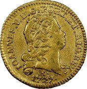 Brazil 800 Reis Joao V 1727 R KM# 121 IOANNES V D G PORT ET ALG REX R 1727 coin obverse Brazil 800 Reis Joao V 1727 R KM# 121 IOANNES V D G PORT ET ALG REX R 1727 coin obverse