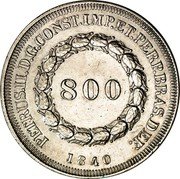 Brazil 800 Reis Pedro II 1840 KM# 456 PETRUS. II. D. G. CONST. IMP. ET. PERP. BRAS. DEF. 800 1840 coin obverse Brazil 800 Reis Pedro II 1840 KM# 456 PETRUS. II. D. G. CONST. IMP. ET. PERP. BRAS. DEF. 800 1840 coin obverse