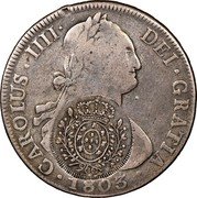 Brazil 960 Reis Joao Prince Regent Countermarked Coin 1808 KM# 345 DEI GRATIA 1803 CAROLUS IIII coin obverse Brazil 960 Reis Joao Prince Regent Countermarked Coin 1808 KM# 345 DEI GRATIA 1803 CAROLUS IIII coin obverse