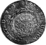 Brazil 960 Reis Cuiaba Counterstamped Coin 1813 KM# 351.1 EN UNION Y LIBERTAD 1815 960 C coin obverse Brazil 960 Reis Cuiaba Counterstamped Coin 1813 KM# 351.1 EN UNION Y LIBERTAD 1815 960 C coin obverse