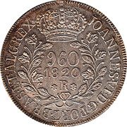 Brazil 960 Reis Joao VI 1820 R KM# 326.1 JOANNES VI D G PORT BRAS ET ALG REX 960 1818 R coin obverse Brazil 960 Reis Joao VI 1820 R KM# 326.1 JOANNES VI D G PORT BRAS ET ALG REX 960 1818 R coin obverse