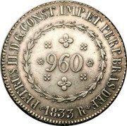 Brazil 960 Reis Pedro II 1833 R KM# 385 PETRUS.II.D.G.CONST.IMP.ET.PERP.BRAS.DEF 960 1832 R coin obverse Brazil 960 Reis Pedro II 1833 R KM# 385 PETRUS.II.D.G.CONST.IMP.ET.PERP.BRAS.DEF 960 1832 R coin obverse