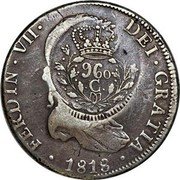Brazil 960 Reis Joao Prince Regent Countermarked Coin ND KM# 352 FERDIN VII DEI GRATIA 1818 960 C coin obverse Brazil 960 Reis Joao Prince Regent Countermarked Coin ND KM# 352 FERDIN VII DEI GRATIA 1818 960 C coin obverse