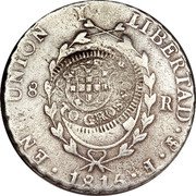 Brazil 960 Reis João Prince Regent Countermarked Coin ND KM# 330 LIBERTAD EN UNION 8 R MATO GROSSO 1816 PTS F coin obverse Brazil 960 Reis João Prince Regent Countermarked Coin ND KM# 330 LIBERTAD EN UNION 8 R MATO GROSSO 1816 PTS F coin obverse