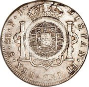Brazil 960 Reis Joao Prince Regent Countermarked Coin ND KM# 350 HISPAN ET IND REX 8R P J coin reverse Brazil 960 Reis Joao Prince Regent Countermarked Coin ND KM# 350 HISPAN ET IND REX 8R P J coin reverse