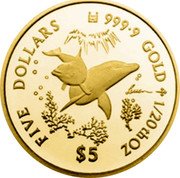 Cook Islands Five Dollars Dolphins. Eliabeth II 2004 LASSEN FIVE DOLLARS 9999 GOLD 1/20TH OZ $5 coin reverse Cook Islands Five Dollars Dolphins. Eliabeth II 2004 LASSEN FIVE DOLLARS 9999 GOLD 1/20TH OZ $5 coin reverse