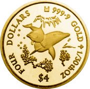 Cook Islands Four Dollars Dolphins. Eliabeth II 2004 LASSEN FOUR DOLLARS 9999 GOLD 1/30TH OZ $4 coin reverse Cook Islands Four Dollars Dolphins. Eliabeth II 2004 LASSEN FOUR DOLLARS 9999 GOLD 1/30TH OZ $4 coin reverse