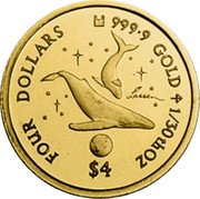 Cook Islands Four Dollars Elizabeth II Whales 2001  Proof FOUR DOLLARS 9999 GOLD 1/30TH OZ $4 coin reverse Cook Islands Four Dollars Elizabeth II Whales 2001  Proof FOUR DOLLARS 9999 GOLD 1/30TH OZ $4 coin reverse