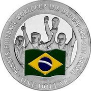 Cook Islands One Dollar Elizabeth II Football World Cup Winner 2001  Proof WINNER FOOTBALL WORLDCUP 1958 1962 1970 1994 2002 BRAZIL ONE DOLLAR coin reverse Cook Islands One Dollar Elizabeth II Football World Cup Winner 2001  Proof WINNER FOOTBALL WORLDCUP 1958 1962 1970 1994 2002 BRAZIL ONE DOLLAR coin reverse