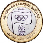 Brazil Real Olympic Flag Handover 2012 KM# 679 ENTREGA DA BANDEIRA OLIMPICA BRASIL LONDRES 2012 - RIO 2016 coin obverse Brazil Real Olympic Flag Handover 2012 KM# 679 ENTREGA DA BANDEIRA OLIMPICA BRASIL LONDRES 2012 - RIO 2016 coin obverse