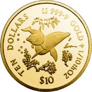 Cook Islands Ten Dollars Lassen Dolphins 2004 TEN DOLLARS 9999 GOLD 1/10TH OZ $10 coin reverse