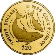 Cook Islands Twenty Dollars Elizabeth II Lassen Dolphins 1995  TWENTY DOLLARS 999.9 GOLD 1/5TH OZ $20 coin reverse Cook Islands Twenty Dollars Elizabeth II Lassen Dolphins 1995  TWENTY DOLLARS 999.9 GOLD 1/5TH OZ $20 coin reverse