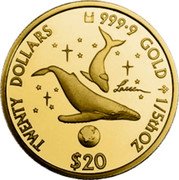 Cook Islands Twenty Dollars Elizabeth II Whales 2001  Proof TWENTY DOLLARS 9999 GOLD 1/5TH OZ $20 coin reverse