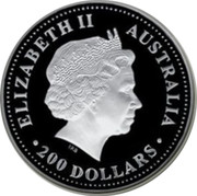 Australia 200 Dollars Australian Kookaburra 2001 KM# 878 ELIZABETH II AUSTRALIA 200 DOLLARS IRB coin obverse Australia 200 Dollars Australian Kookaburra 2001 KM# 878 ELIZABETH II AUSTRALIA 200 DOLLARS IRB coin obverse