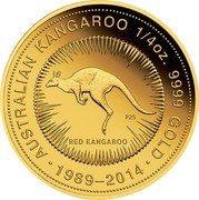 Australia 25 Dollars Australian Kangaroo 2014 AUSTRALIAN KANGAROO 1/4 OZ. 9999 GOLD 1989 - 2014 RED KANGAROO P25 coin reverse Australia 25 Dollars Australian Kangaroo 2014 AUSTRALIAN KANGAROO 1/4 OZ. 9999 GOLD 1989 - 2014 RED KANGAROO P25 coin reverse