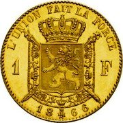 Belgium 1 Franc (Leopold II Pattern) L'UNION FAIT LA FORCE 1 F 1866 coin reverse Belgium 1 Franc (Leopold II Pattern) L'UNION FAIT LA FORCE 1 F 1866 coin reverse