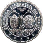 Brazil 1 Ounce 500th Anniversary of the Discovery of Brazil 2000 Proof X# MB3 1 OZ. AG .999 1500 2000 REPUBLICA FEDERATIVA DO BRASIL coin obverse Brazil 1 Ounce 500th Anniversary of the Discovery of Brazil 2000 Proof X# MB3 1 OZ. AG .999 1500 2000 REPUBLICA FEDERATIVA DO BRASIL coin obverse