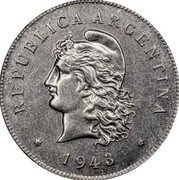 Argentina 1 Peso Pattern. Freedom 1943  REPUBLICA ARGENTINA 1943 coin obverse Argentina 1 Peso Pattern. Freedom 1943  REPUBLICA ARGENTINA 1943 coin obverse