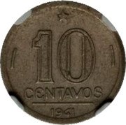Brazil 10 Centavos (Getulio Dornelles Vargas Pattern) KM# Pn328 10 CENTAVOS 1941 BR coin reverse Brazil 10 Centavos (Getulio Dornelles Vargas Pattern) KM# Pn328 10 CENTAVOS 1941 BR coin reverse
