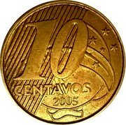 Brazil 10 Centavos (Pedro I. T Partially Inside stripes) KM# 649.3 10 CENTAVOS 2005 coin reverse Brazil 10 Centavos (Pedro I. T Partially Inside stripes) KM# 649.3 10 CENTAVOS 2005 coin reverse