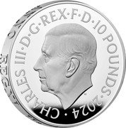 UK 10 Pounds (St George and the Dragon. Pistrucci) CHARLES III D G REX F D 10 POUNDS 2024 MJ coin obverse UK 10 Pounds (St George and the Dragon. Pistrucci) CHARLES III D G REX F D 10 POUNDS 2024 MJ coin obverse