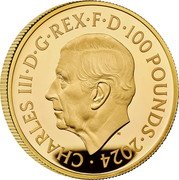 UK 100 Pounds (Britannia and Liberty) CHARLES III D G REX F D 100 POUNDS 2024 coin obverse UK 100 Pounds (Britannia and Liberty) CHARLES III D G REX F D 100 POUNDS 2024 coin obverse
