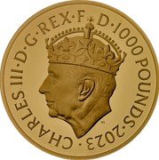 UK 1000 Pounds (Charles III Coronation) CHARLES III D G REX F D 1000 POUNDS 2023 coin obverse UK 1000 Pounds (Charles III Coronation) CHARLES III D G REX F D 1000 POUNDS 2023 coin obverse