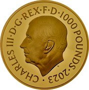 UK 1000 Pounds (Charles III The Lion and The Eagle.) CHARLES III D G REX F D 1000 POUNDS 2023 MJ coin obverse UK 1000 Pounds (Charles III The Lion and The Eagle.) CHARLES III D G REX F D 1000 POUNDS 2023 MJ coin obverse